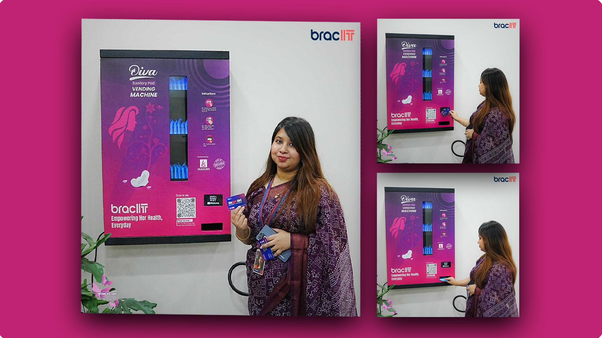 Brac IT female employee using diva sanitary pad vending machine
